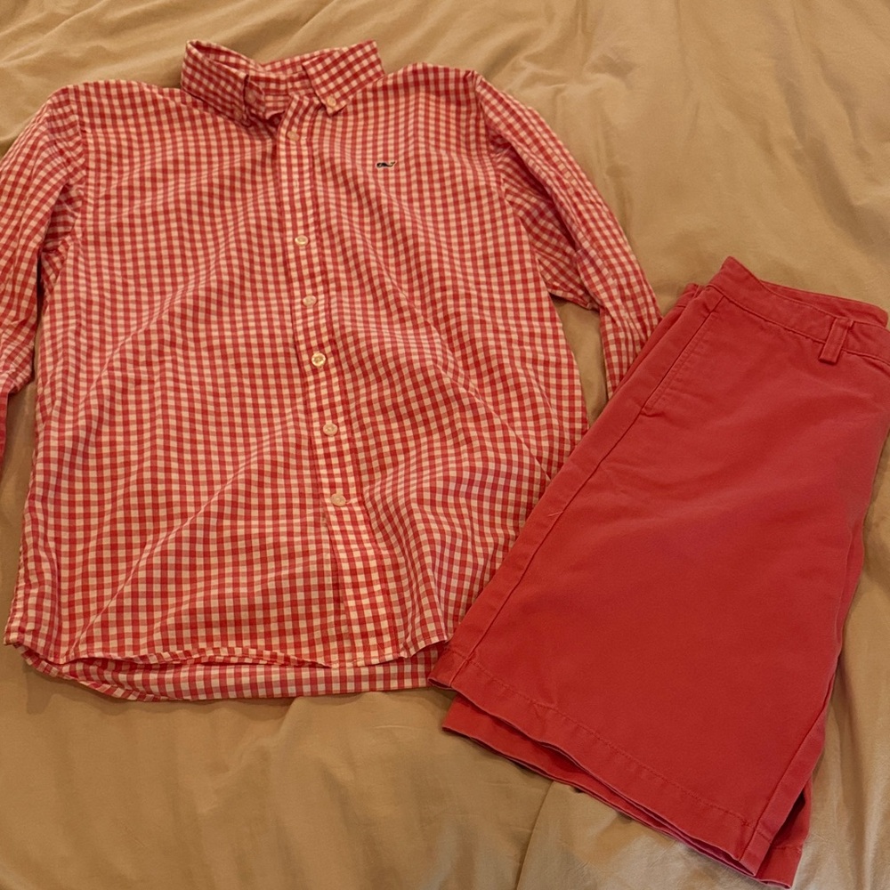 Vineyard Vines Red Checkered Whale Shirt and Red shorts